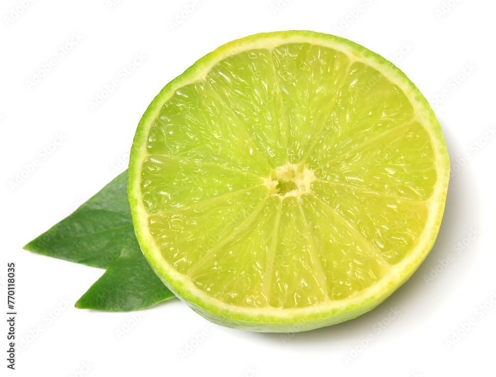 Lime fruit half with leaves isolated on white background Lime fruit half with leaves isolated on white background