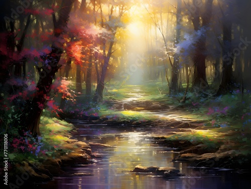 Beautiful autumn forest landscape with river and colorful trees. Digital painting