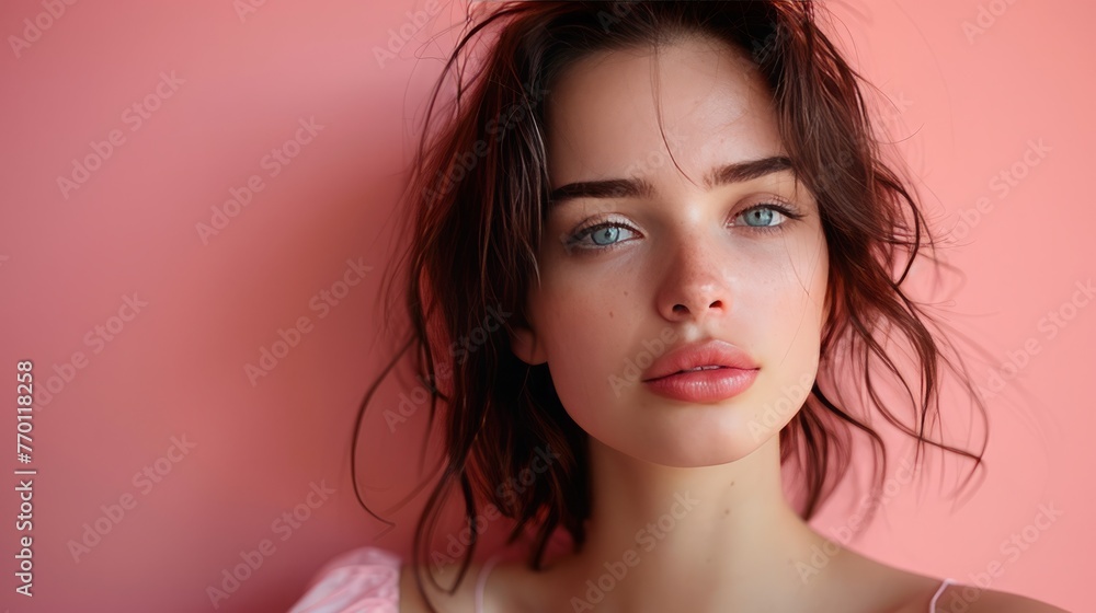 A thinking woman on isolated pink background A thinking woman on isolated pink background