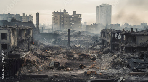 cityscape of a ruined building with debris scattered around