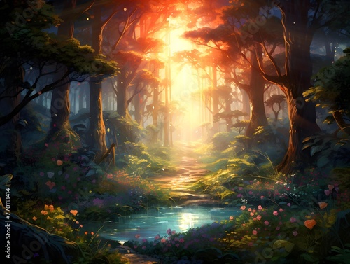 Mysterious forest at sunset, digital painting. Fantasy landscape.