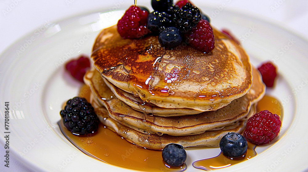 Delicious Stack of Pancakes with Syrup and Berries Delicious Stack of Pancakes with Syrup and Berries