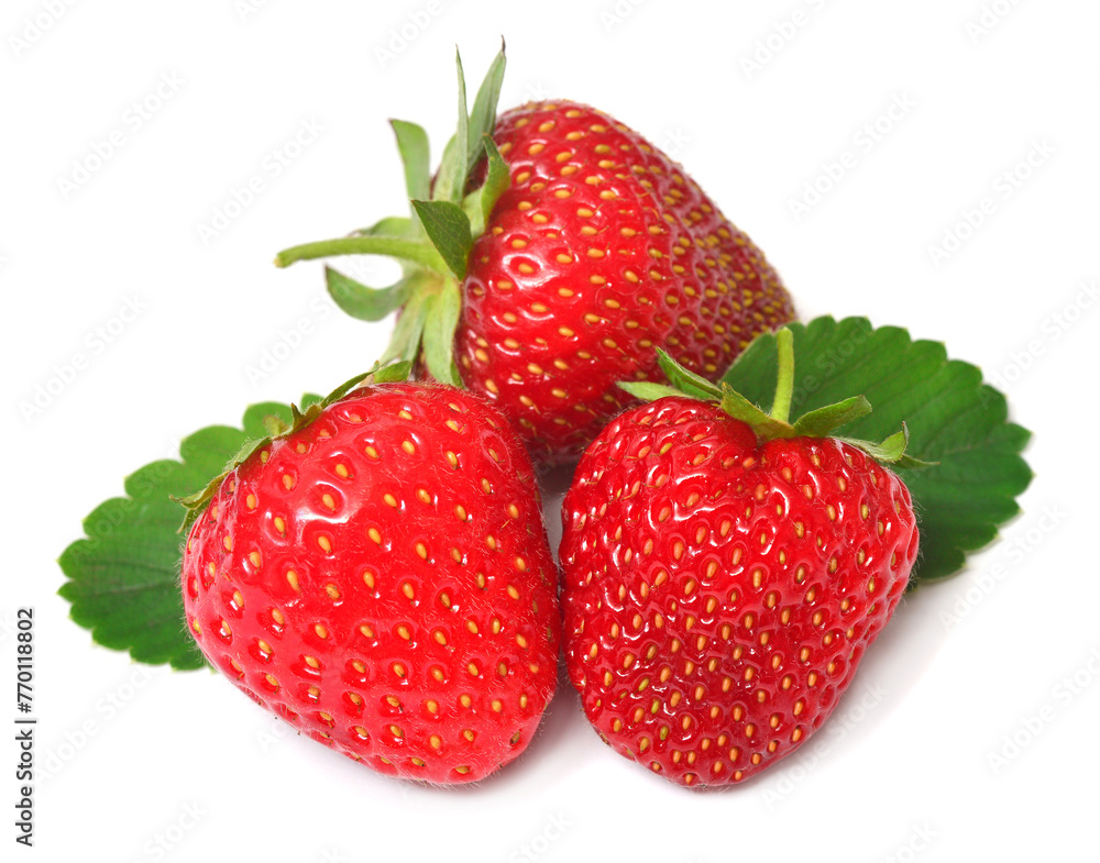 Strawberry macro with leaves isolated on white background Strawberry macro with leaves isolated on white background