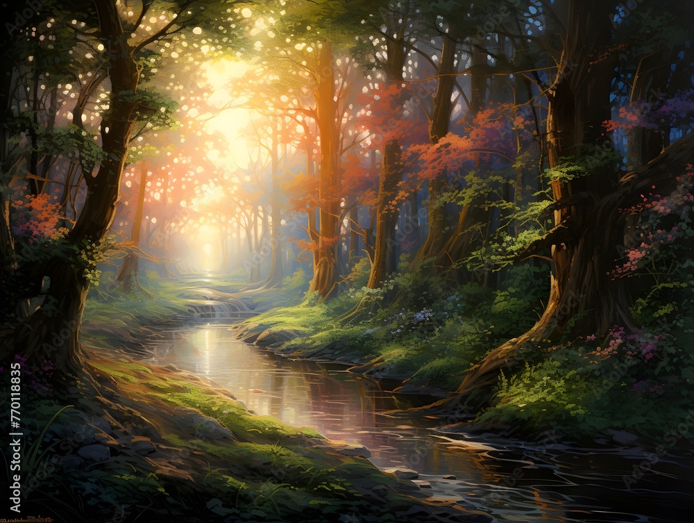Beautiful fantasy landscape with a river and trees in a foggy forest