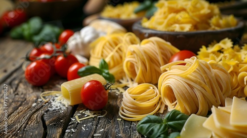 Assorted italian pasta raw uncooked and ingredients on wooden rustic background