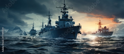 Military navy ships in a sea