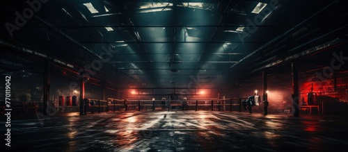 boxing ring in a dark arena with red lights photo