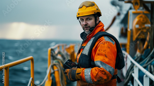 Deck Officer or Chief mate on deck of offshore vessel or ship , wearing PPE personal protective equipment - helmet, coverall. He holds VHF walkie-talkie radio in hands photo