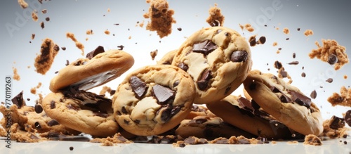 Flying Chocolate chip cookies with pieces of chocolate