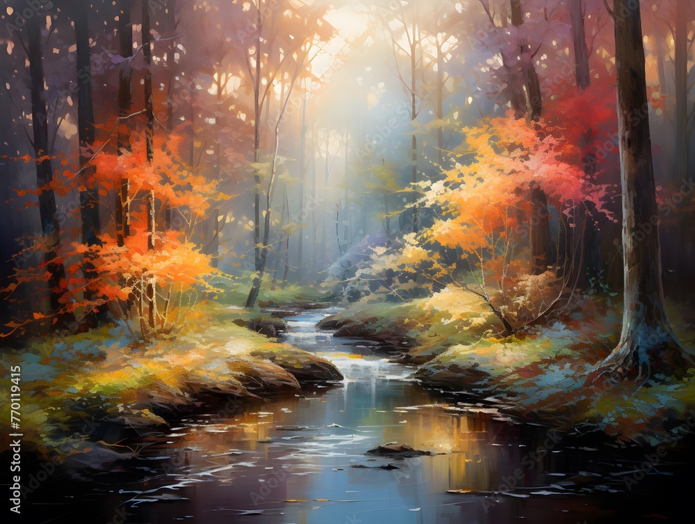 Autumn forest and river, panoramic view. Colorful autumn forest landscape.