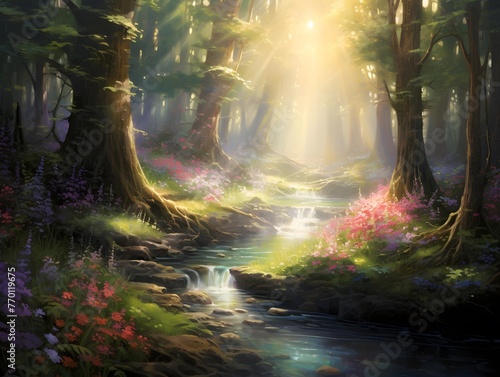 Beautiful spring forest with a small stream. Panoramic image.