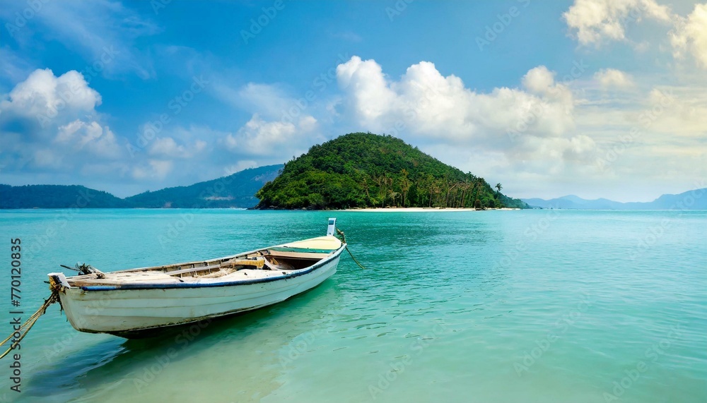 Boat in turquoise ocean water against blue sky with white clouds and tropical island. Natural landscape for summer vacation, panoramic view
