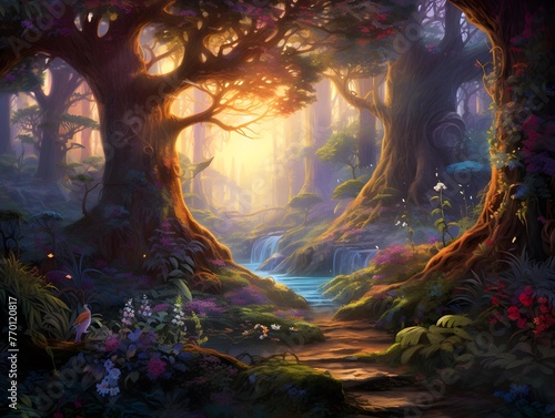Fantasy landscape with a river in a fantasy forest. Digital painting.