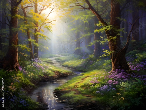 Beautiful spring forest landscape with a small river and blooming flowers
