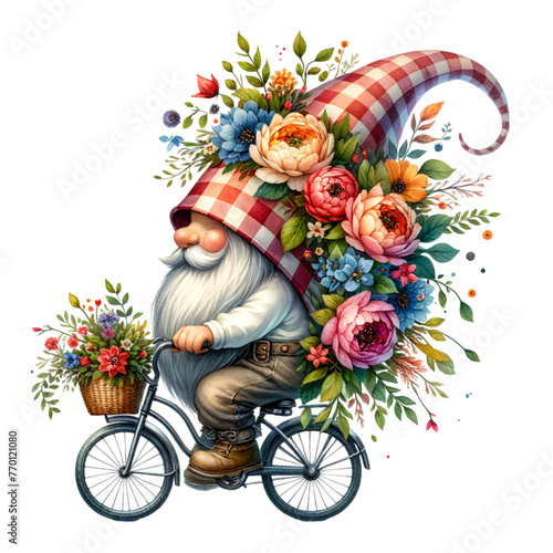 Wild Floral Crown gnome rides a bike with a hat covering his face isolated and cut-out on white background Clipart