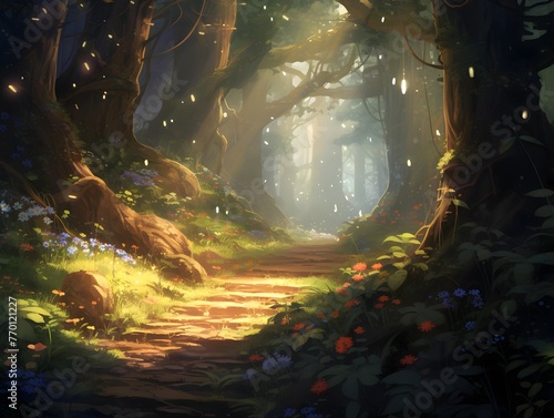Fantasy landscape with a path in the forest, 3d illustration © Iman