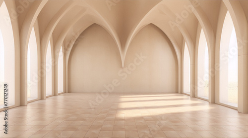Large empty beige hall with high arched windows and tiled floor in minimalist style