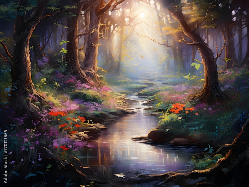Digital painting of a fantasy forest with a stream in the foreground.