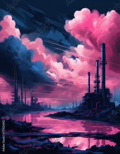 Futuristic Industrial Dreamscape: Surreal Landscapes and Dramatic Skies | This digital painting depicts a futuristic, industrial landscape with dramatic, vibrant clouds in the background. The sce photo