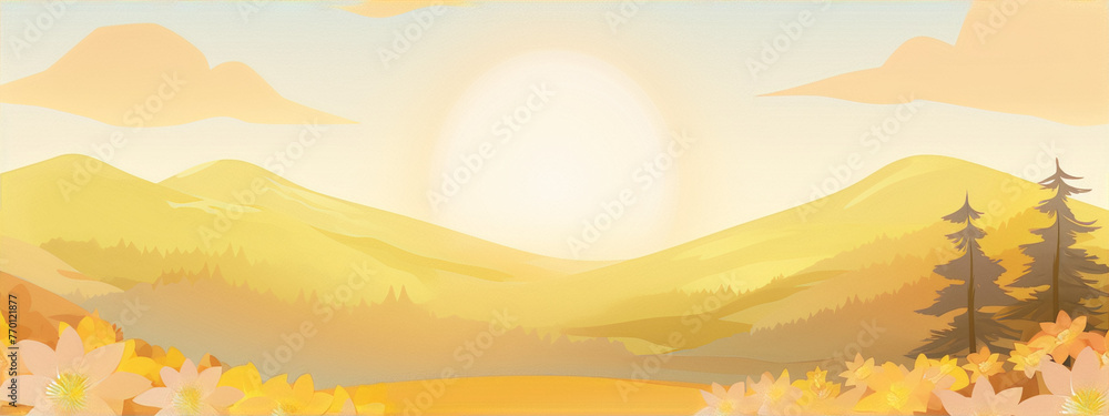 Digital art painting of a bright yellow landscape with mountains and flowers in a minimalist style