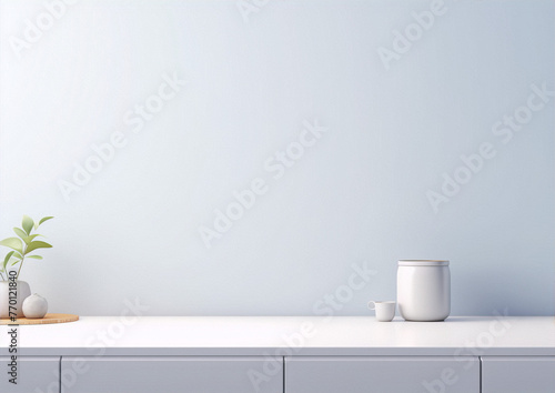 3D rendering of a minimalist kitchen counter with a vase, a plant, and a ceramic jar with a lid in a blue background photo