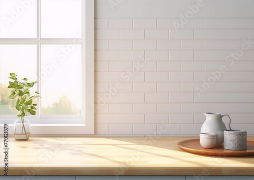 Digital art of a bright and airy kitchen counter with a vase of basil, a wooden tray with a ceramic jug and cup, and a large window in the background in a minimalist style. photo