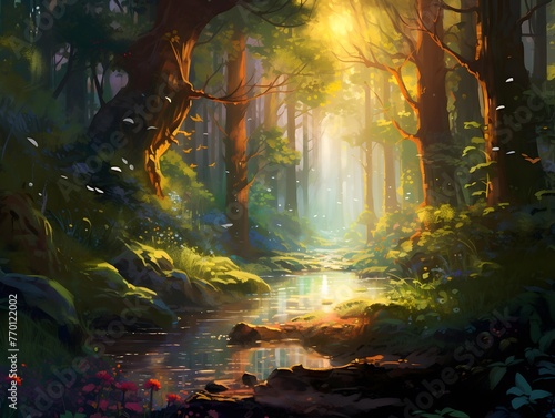 Digital painting of a river flowing through a forest at sunset  fantasy landscape