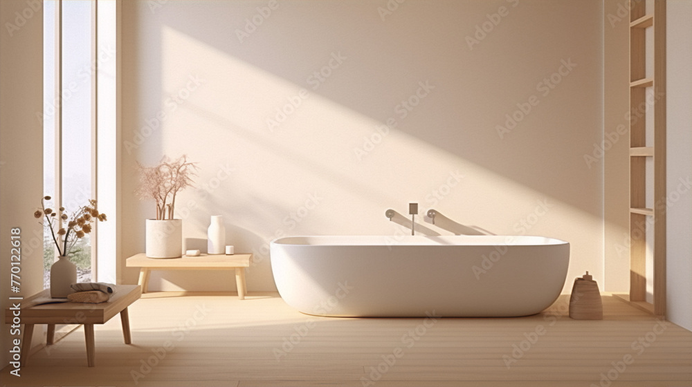 Bathroom interior in a minimalist style with a bathtub, plants, and a wooden bench in warm colors with natural light coming in from the window Bathroom interior in a minimalist style with a bathtub, plants, and a wooden bench in warm colors with natural light coming in from the window