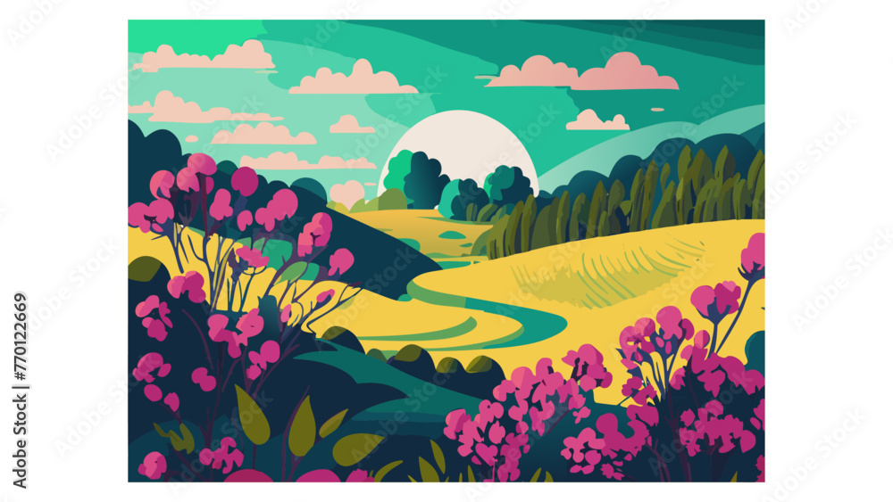 Summer landscape of blooming field vector illustration