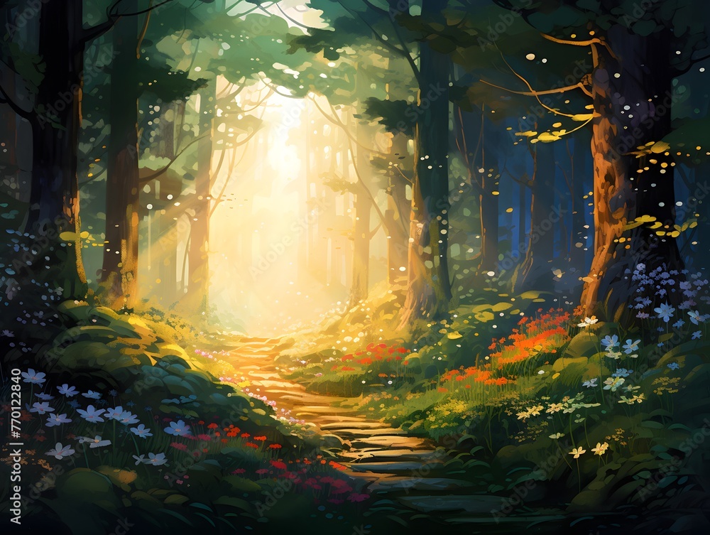 Fantasy forest landscape with sunbeams. 3D illustration.