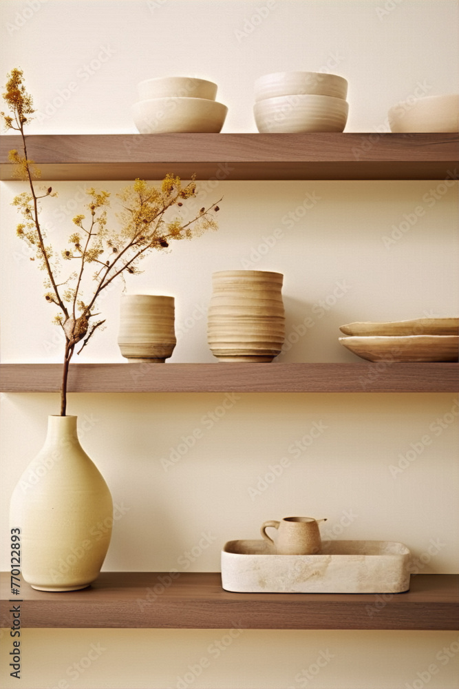 Still life photography of ceramic vases and bowls in neutral colors arranged on minimal wooden shelves against a beige background in a modern interior space.