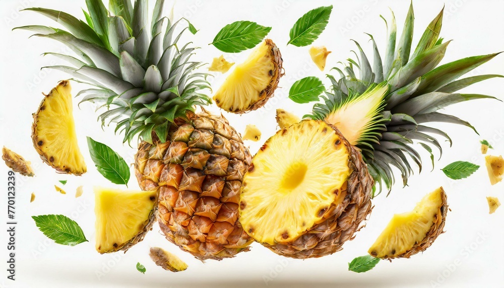 Flying in air fresh sliced ripe Pineapple and leaves isolated on white background. Flying in air fresh sliced ripe Pineapple and leaves isolated on white background.