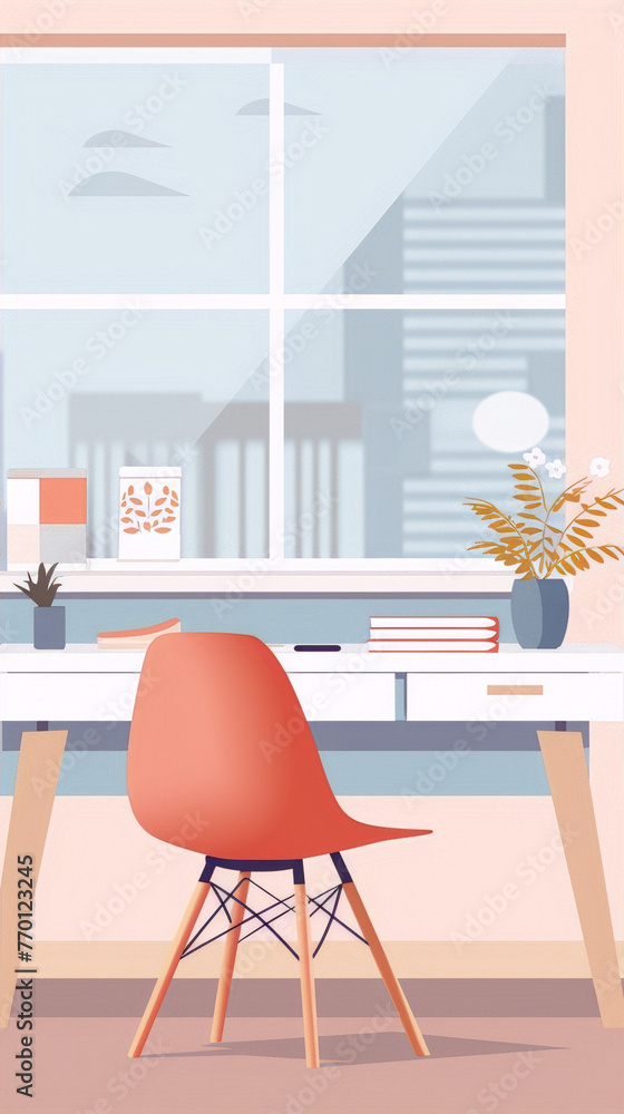 Fototapeta premium A minimalist home office with a large window, a desk, a chair, and a few plants in the interior design style with a flat color palette