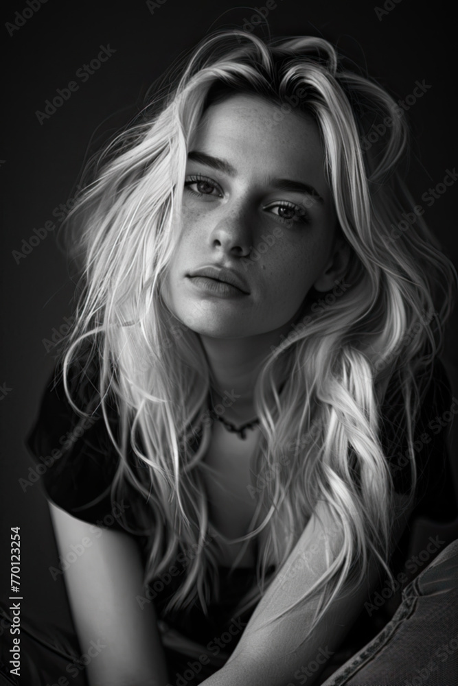 Black white portrait of a beautiful blond woman