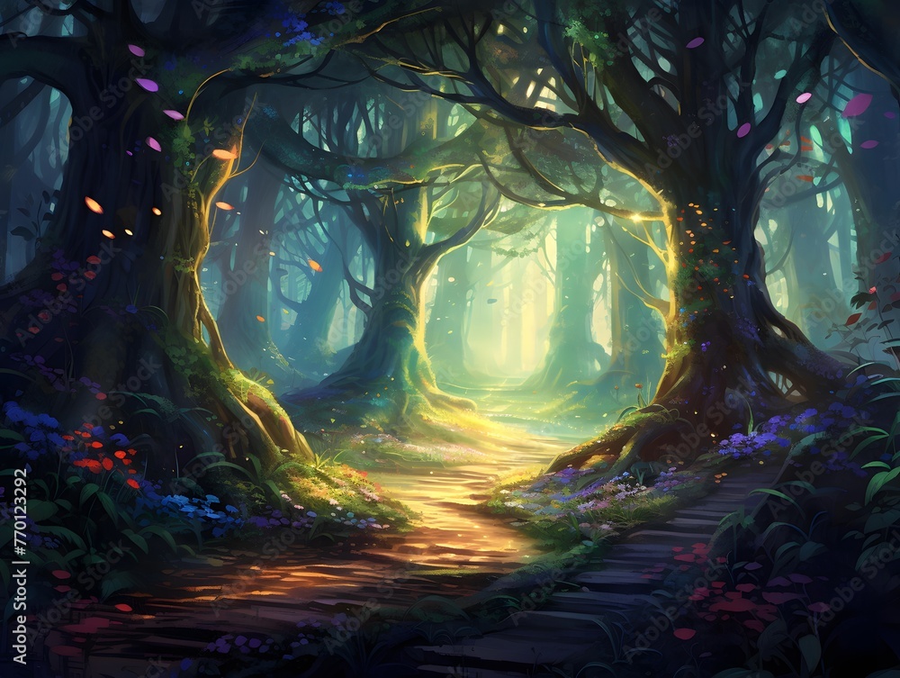 Fantasy forest landscape with path and glowing trees, 3d illustration