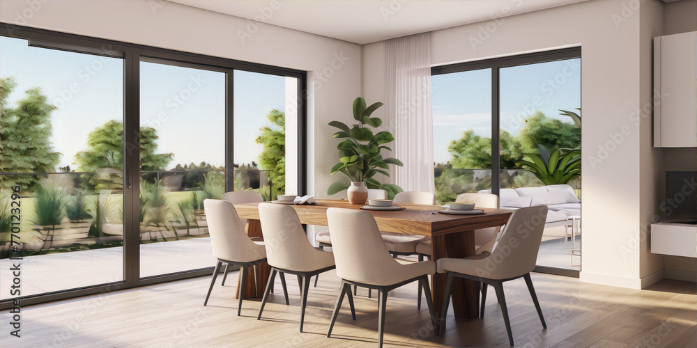 Fototapeta premium Minimalist interior design with large windows and a wooden dining table with a plant in the center