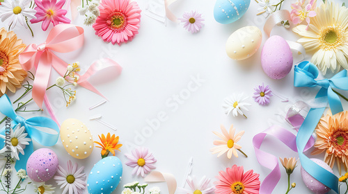 Easter-themed Flat Lay with Eggs  Flowers  and Ribbons