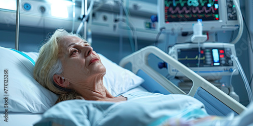 Middle aged woman lies in a hospital ward, connected to life support equipment, monitors