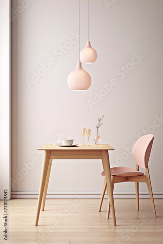 Minimalist still life of a table and chair in a room with two pink lamps hanging from the ceiling in a scandinavian style