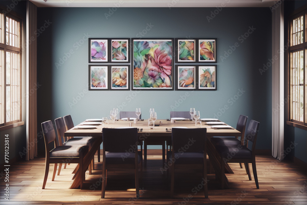 Fototapeta premium vibrant eclectic maximalist still life painting of a hummingbird in a lush garden with pink blue and green colors in a blue art deco dining room