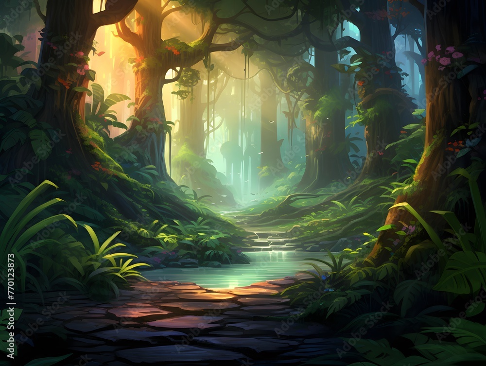 Fantasy forest with water stream and trees. 3d illustration.
