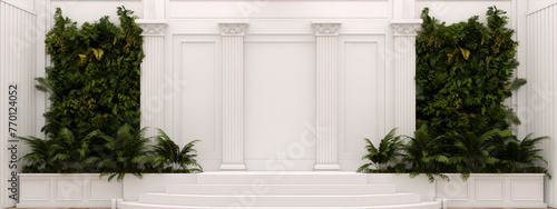 Luxury white interior with roman columns and green plants photo