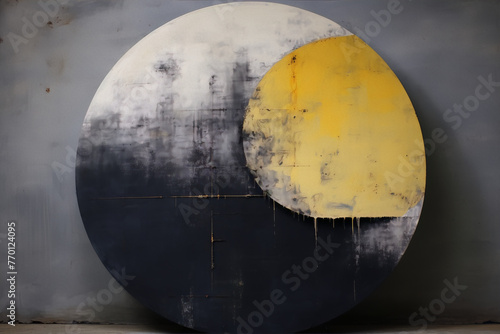 Large round abstract painting with a white and yellow circle on a black background, with a minimalist style and a contemporary art movement.