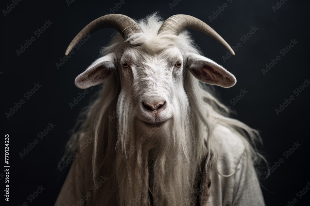 an older goat in white shirt with a white hair an older goat in white shirt with a white hair