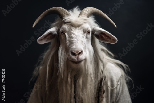 an older goat in white shirt with a white hair