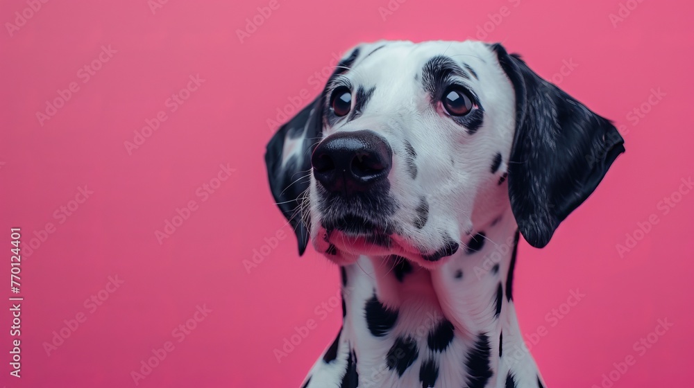 Dalmatian dog on a pastel pink background