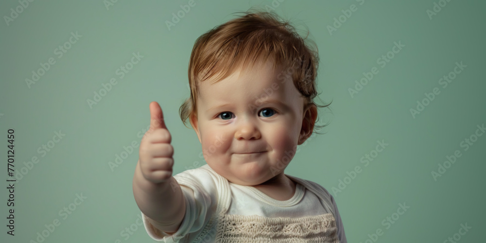 Adorable baby toddler showing thumb up. Green background. High quality photo Adorable baby toddler showing thumb up. Green background. High quality photo