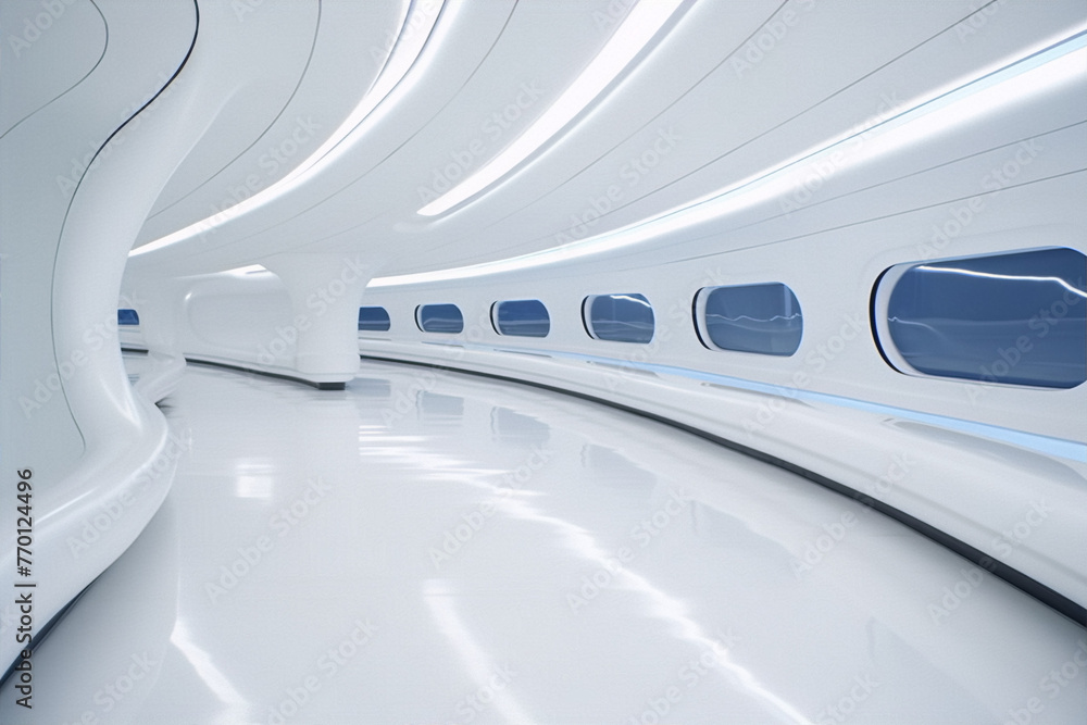 Futuristic interior of spaceship with white walls and large windows in the corridor Futuristic interior of spaceship with white walls and large windows in the corridor
