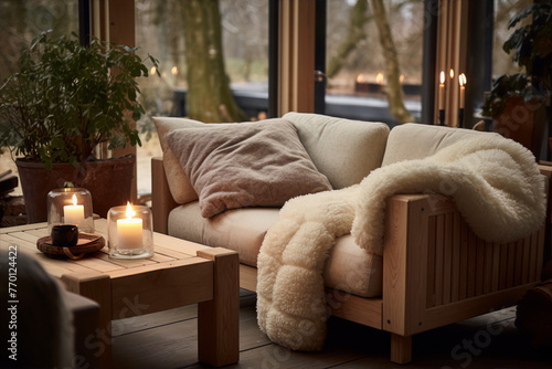 Scandinavian living room interior with wooden furniture and sheepskin throw blanket in neutral colors photo