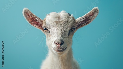 A goat on a pastel blue background photo